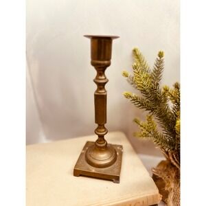 Vintage Enesco Solid Brass Candlestick Square Base Heavy Patina 7.25in